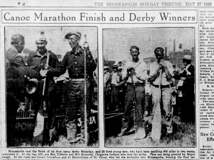 Two side-by-side newspaper-print photos, both showing two men holdings canoe paddles.